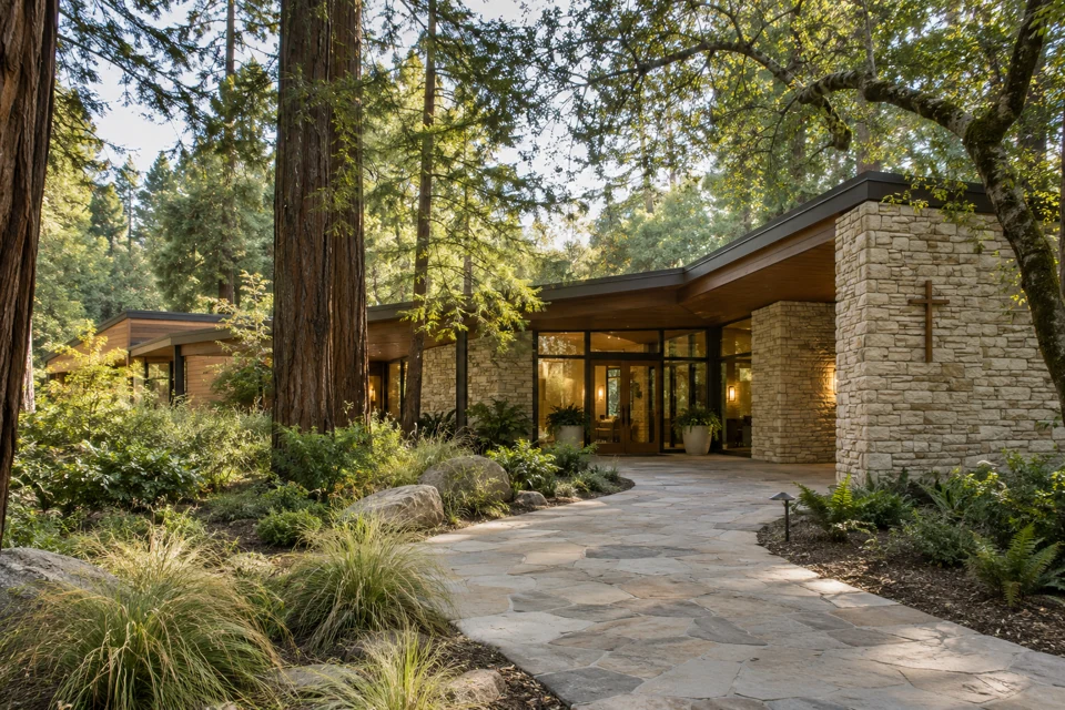 Timeless campus exterior surrounded by Northern California trees