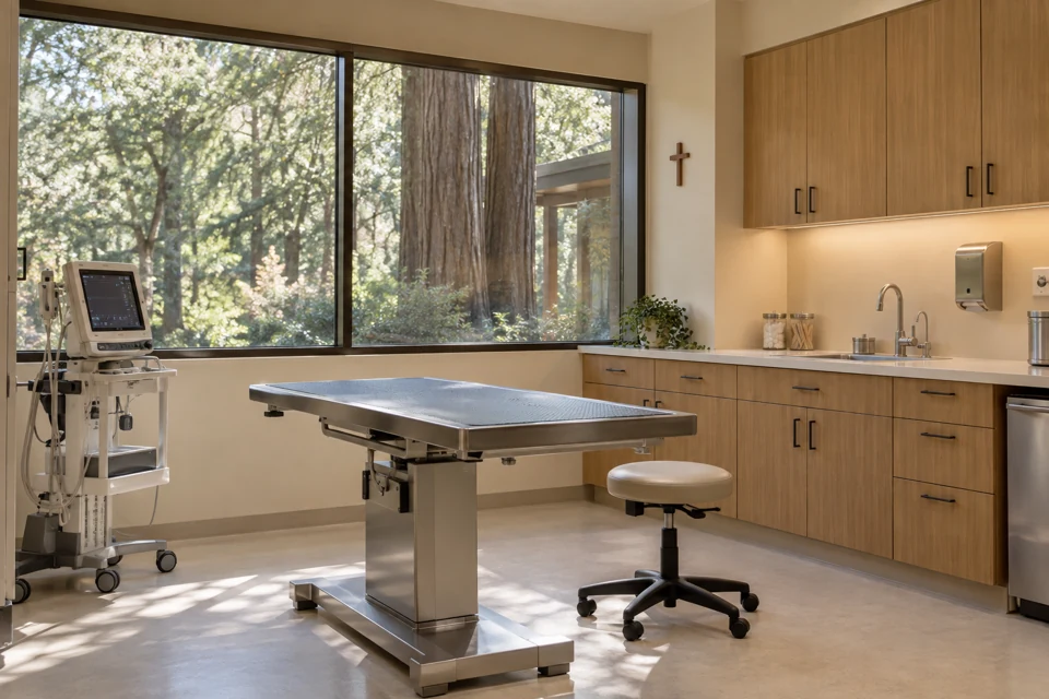 Veterinary clinical room with examination equipment and natural light