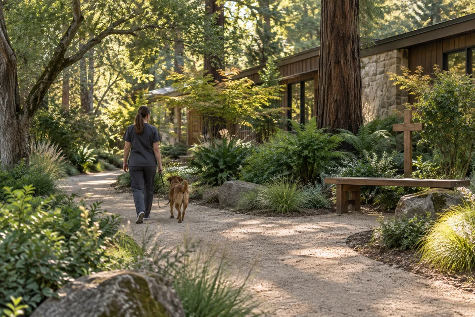 Caregiver walking a dog along a wooded garden path