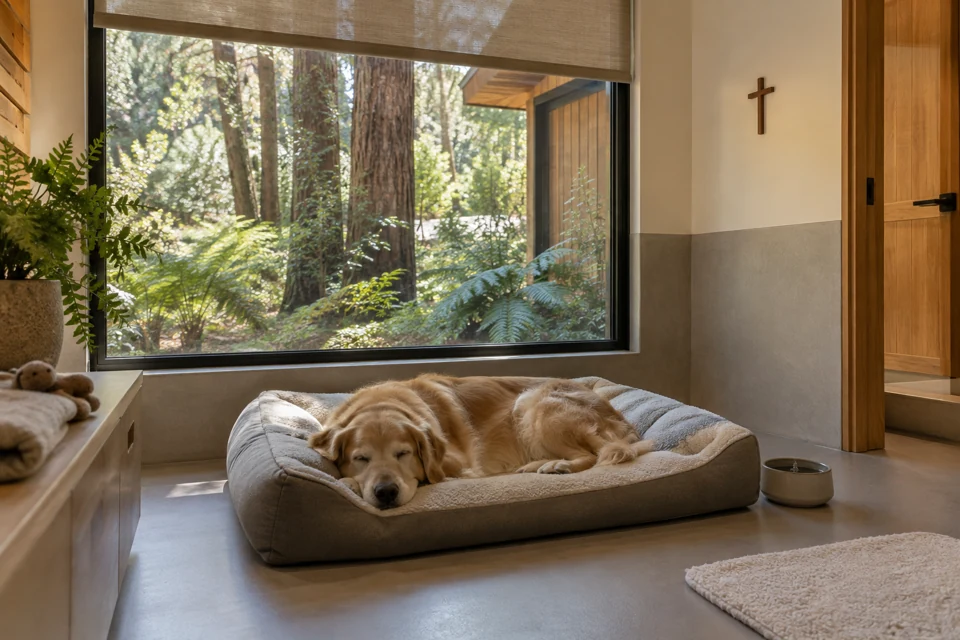 Dog resting in a residential suite with a view of the trees